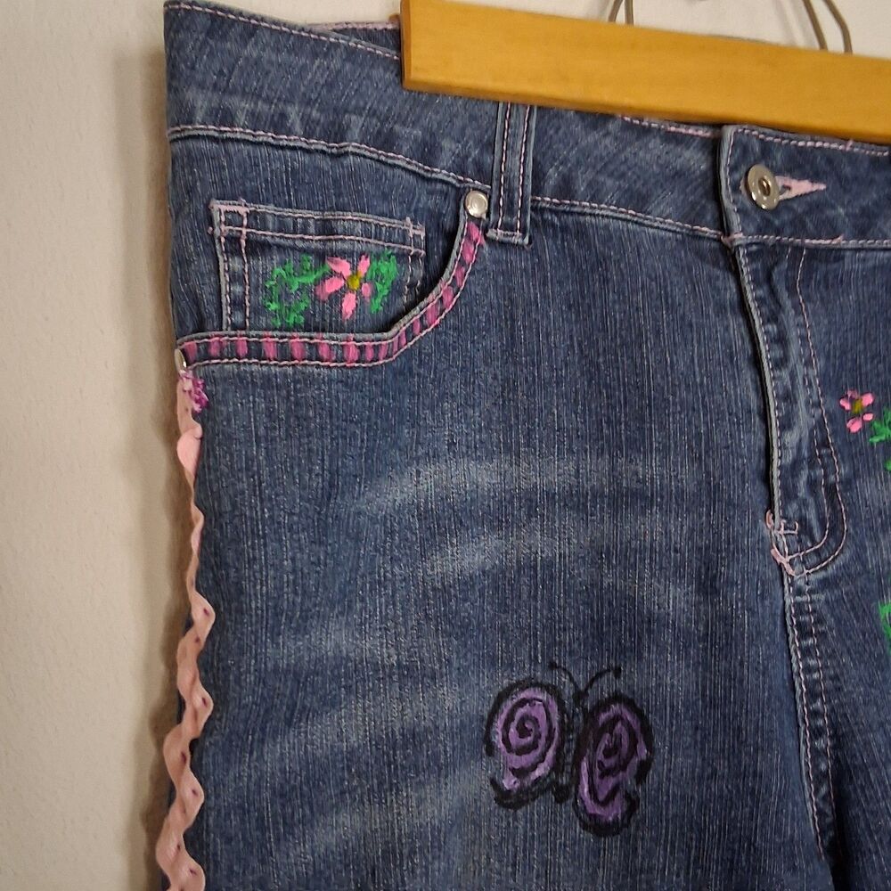 Apollo Petites 8P Embroidered Denim Capris Butterfly Floral Pink Ric Rac Trim Y2 - Picture 4 of 10